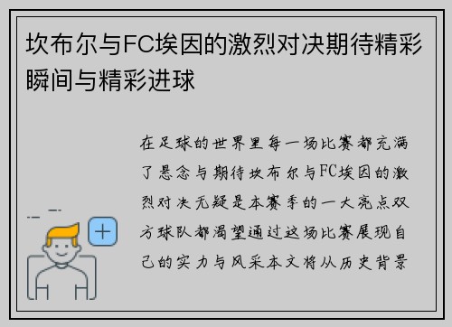 坎布尔与FC埃因的激烈对决期待精彩瞬间与精彩进球