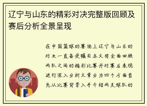 辽宁与山东的精彩对决完整版回顾及赛后分析全景呈现