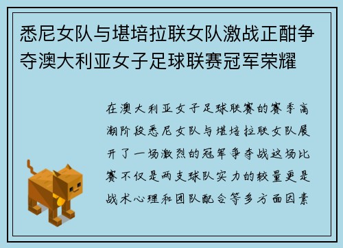 悉尼女队与堪培拉联女队激战正酣争夺澳大利亚女子足球联赛冠军荣耀