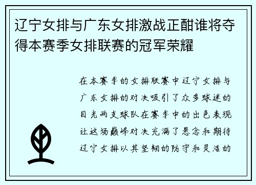 辽宁女排与广东女排激战正酣谁将夺得本赛季女排联赛的冠军荣耀