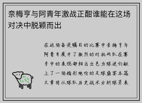 奈梅亨与阿青年激战正酣谁能在这场对决中脱颖而出