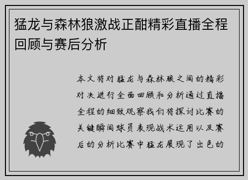 猛龙与森林狼激战正酣精彩直播全程回顾与赛后分析