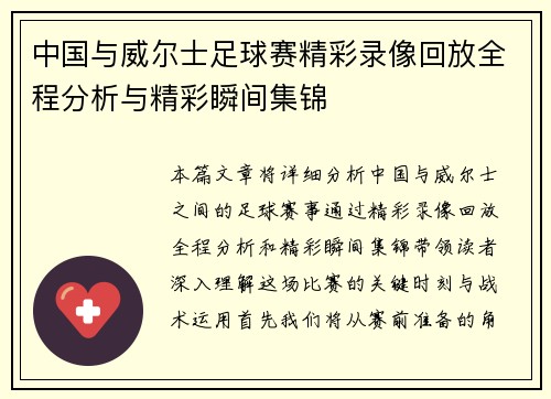中国与威尔士足球赛精彩录像回放全程分析与精彩瞬间集锦