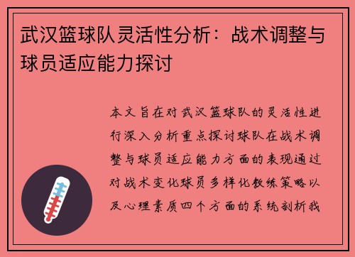 武汉篮球队灵活性分析：战术调整与球员适应能力探讨