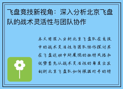 飞盘竞技新视角：深入分析北京飞盘队的战术灵活性与团队协作