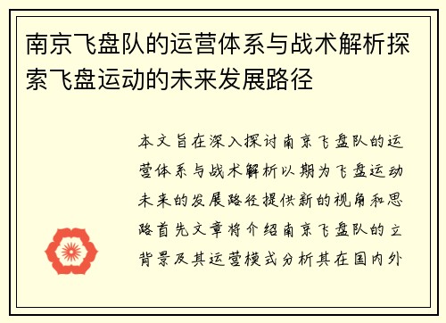 南京飞盘队的运营体系与战术解析探索飞盘运动的未来发展路径