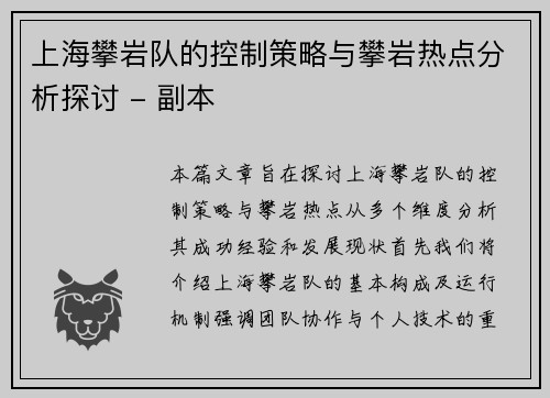 上海攀岩队的控制策略与攀岩热点分析探讨 - 副本